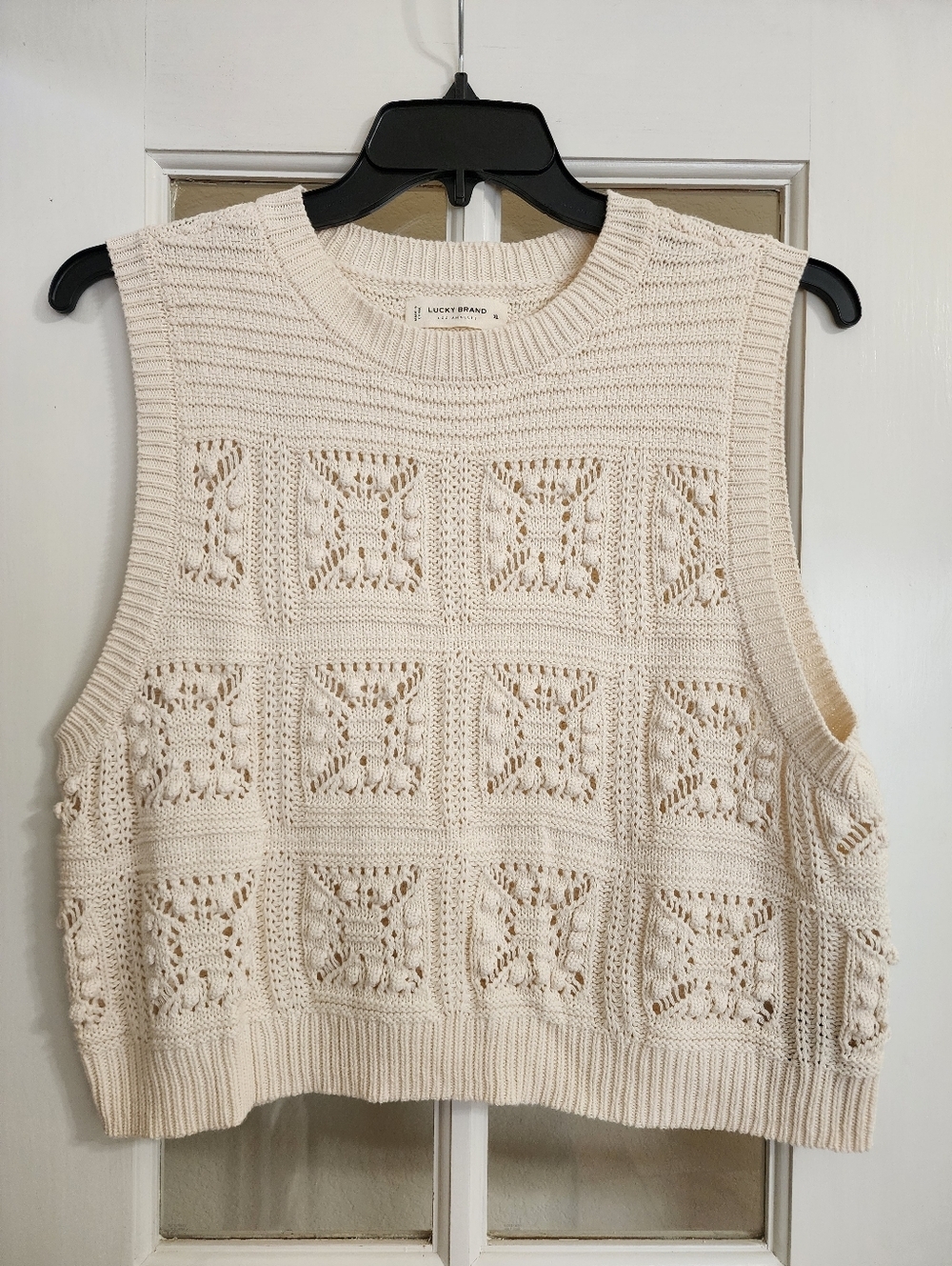 NWT Lucky Brand Crochet Sweater Vest XL Cream Cotton Boho